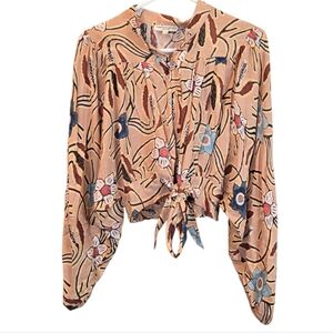Christian Siriano Tan Floral Tie Front Statement Sleeve Crop Blouse Women's SM